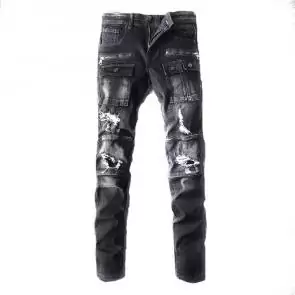 hommes balmain straight biker jeans hiphop pants black hole